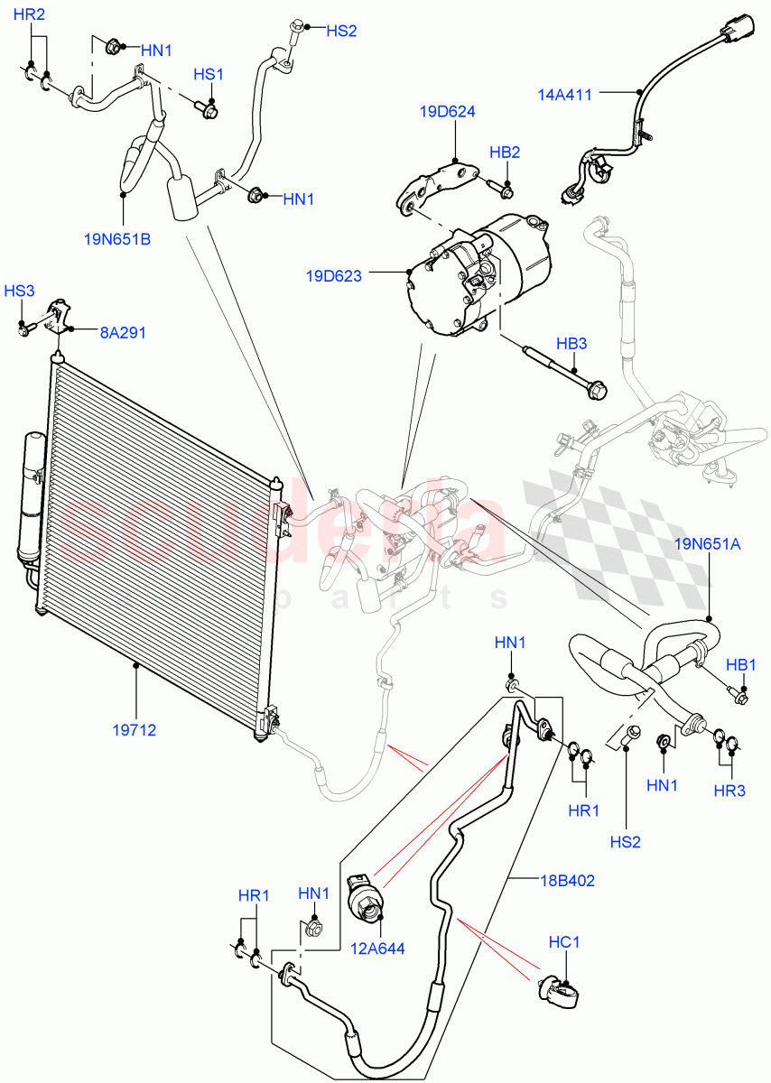 Air Conditioning Condensr/Compressr (Front) (3.0 V6 D Gen2 Twin Turbo, 8 Speed Auto Trans ZF 8HP70 HEV 4WD, 3.0 V6 Diesel Electric Hybrid Eng, 3.0 V6 D Gen2 Mono Turbo) ((V) FROMFA000001) of Land Rover Land Rover Range Rover (2012-2021) [3.0 Diesel 24V DOHC TC]