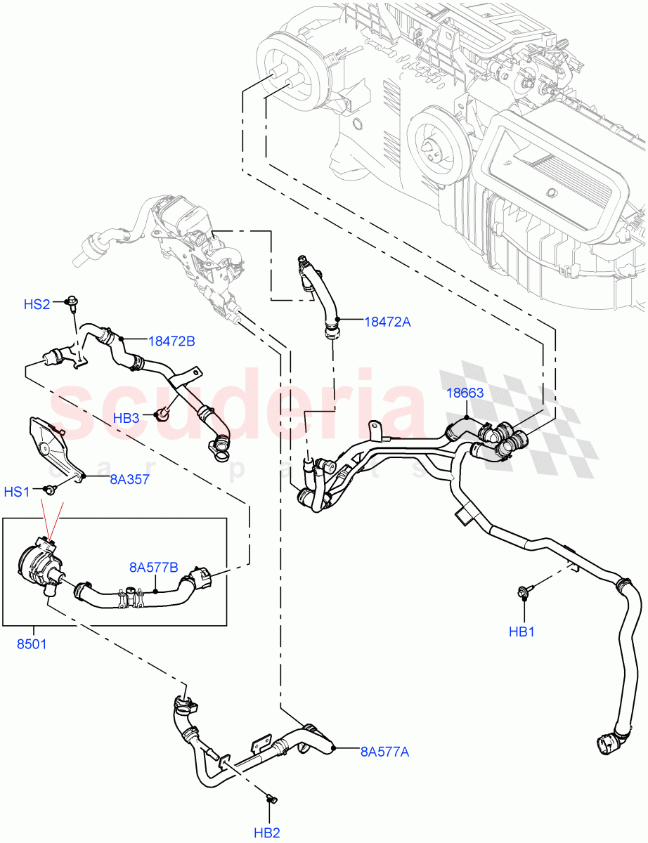 Heater Hoses (3.0L AJ20P6 Petrol High, Fuel Fired Heater With Park Heat, With Air Conditioning - Front/Rear, Fuel Heater W/Pk Heat With Remote, With Front Comfort Air Con (IHKA)) of Land Rover Land Rover Defender (2020+) [3.0 I6 Turbo Petrol AJ20P6]
