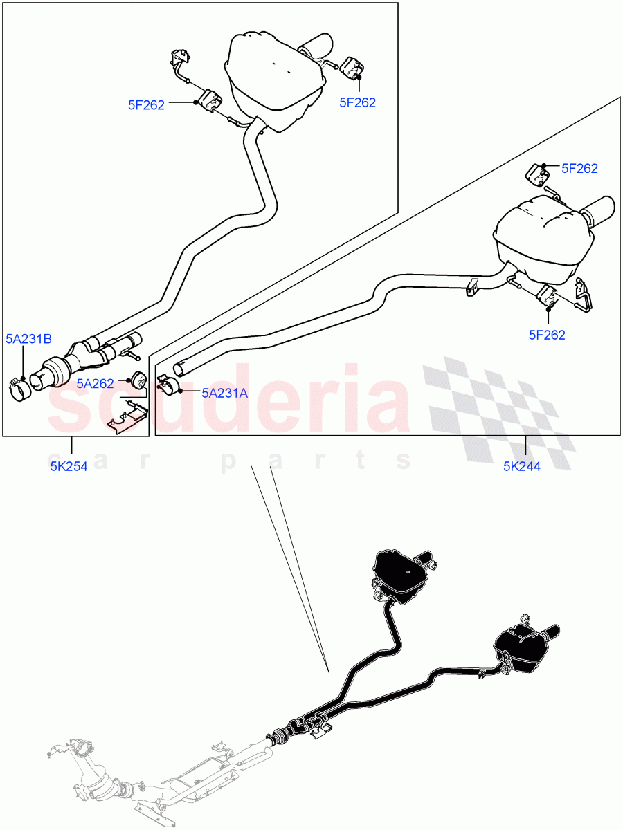 Rear Exhaust System (2.0L I4 DSL HIGH DOHC AJ200, Halewood (UK), With 7 Seat Configuration, Spare Wheel - Reduced Section Steel, Dual Exhaust - Dynamic, 2.0L I4 DSL MID DOHC AJ200) of Land Rover Land Rover Discovery Sport (2015+) [2.0 Turbo Diesel]