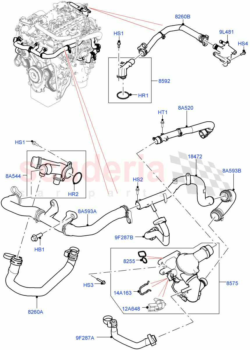 Thermostat/Housing & Related Parts(2.0L I4 High DOHC AJ200 Petrol,2.0L AJ200P Hi PHEV,2.0L I4 Mid DOHC AJ200 Petrol)((V)FROMMA000001) of Land Rover Land Rover Range Rover Sport (2014+) [2.0 Turbo Petrol AJ200P]