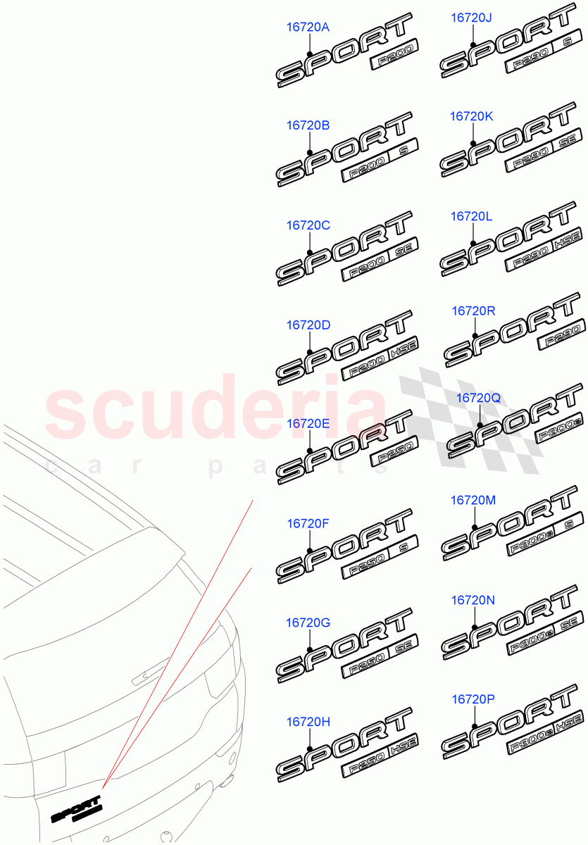Name Plates (Halewood (UK), Badge-Engine Power Petrol 200 PS, Badge-Engine Power Petrol 300E PS, Badge-Engine Power Petrol 250 PS, Badge-Engine Power Petrol 290 PS) ((V) FROMLH000001) of Land Rover Land Rover Discovery Sport (2015+) [2.0 Turbo Petrol AJ200P]