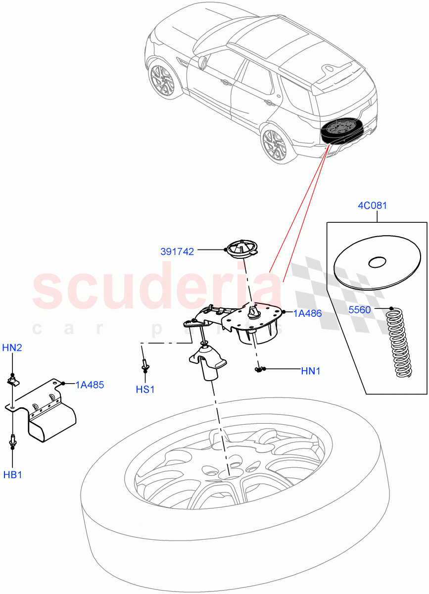 Spare Wheel Carrier (Nitra Plant Build) (22" Full Size Spare Wheel, With Mini Alloy Spare Wheel, 20" Full Size Spare Wheel, 21" Full Size Spare Wheel, 19" Full Size Spare Wheel) ((V) FROMK2000001) of Land Rover Land Rover Discovery 5 (2017+) [2.0 Turbo Petrol AJ200P]