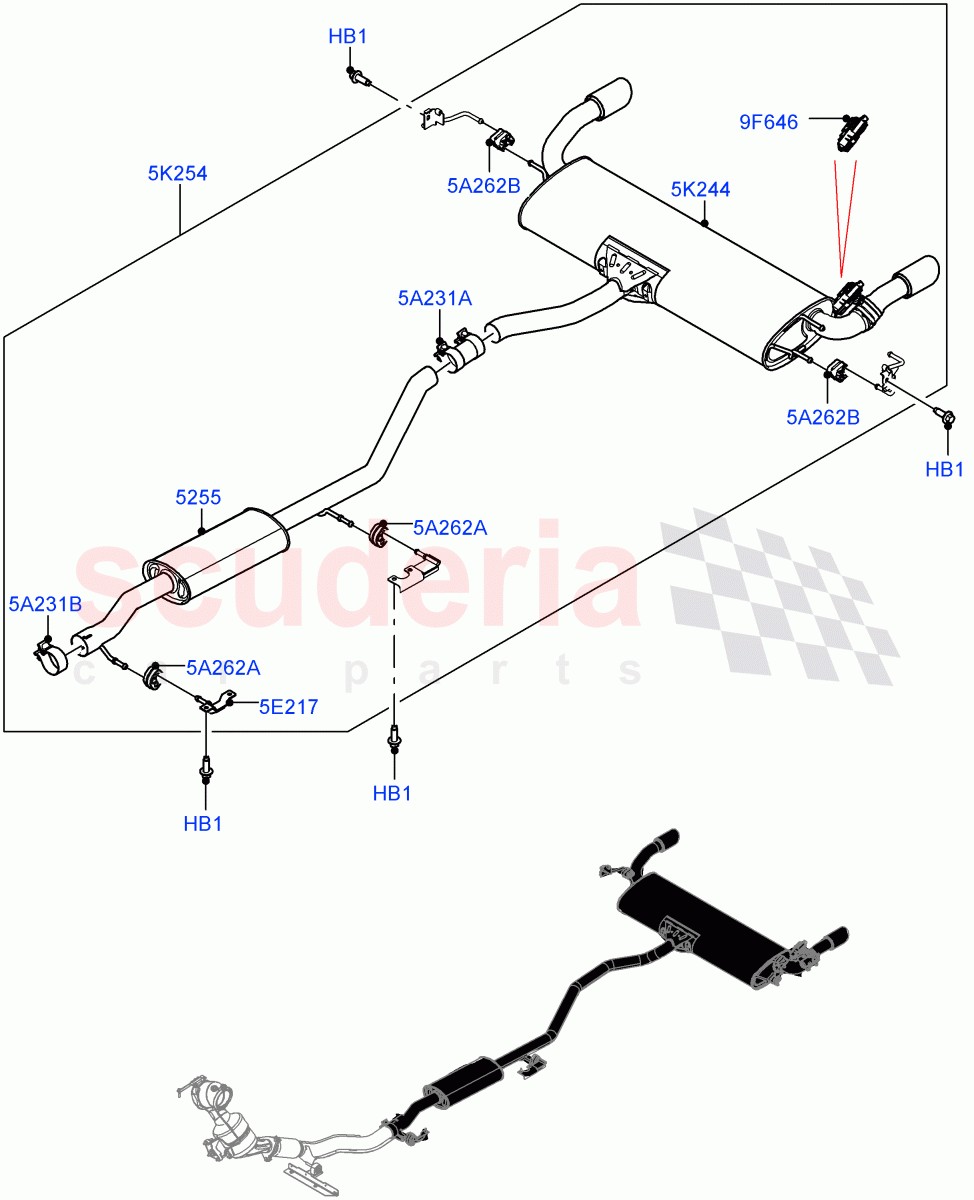 Rear Exhaust System (2.0L I4 Mid DOHC AJ200 Petrol, Itatiaia (Brazil), With 5 Seat Configuration, Dual Exhaust, 2.0L I4 Mid AJ200 Petrol E100) ((V) FROMJT000001) of Land Rover Land Rover Discovery Sport (2015+) [2.0 Turbo Petrol AJ200P]