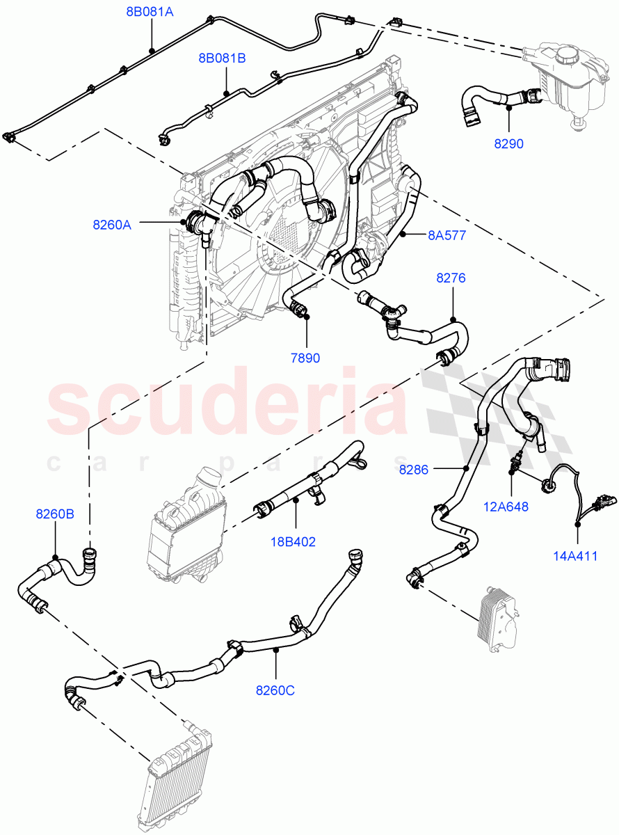 Cooling System Pipes And Hoses (2.0L AJ20P4 Petrol Mid PTA, Changsu (China), Extra High Engine Cooling, Less Active Tranmission Warming) of Land Rover Land Rover Discovery Sport (2015+) [2.0 Turbo Petrol AJ200P]