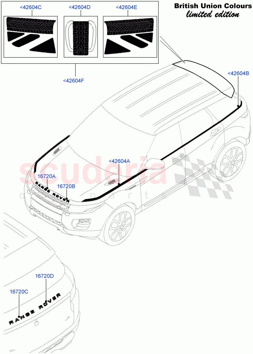 Name Plates(Union Mono Colours LE, Union Colours LE, Decal Stripes)(Halewood (UK))((V)FROMFH000001,(V)TOFH999999) of Land Rover Land Rover Range Rover Evoque (2012-2018) [2.0 Turbo Petrol AJ200P]