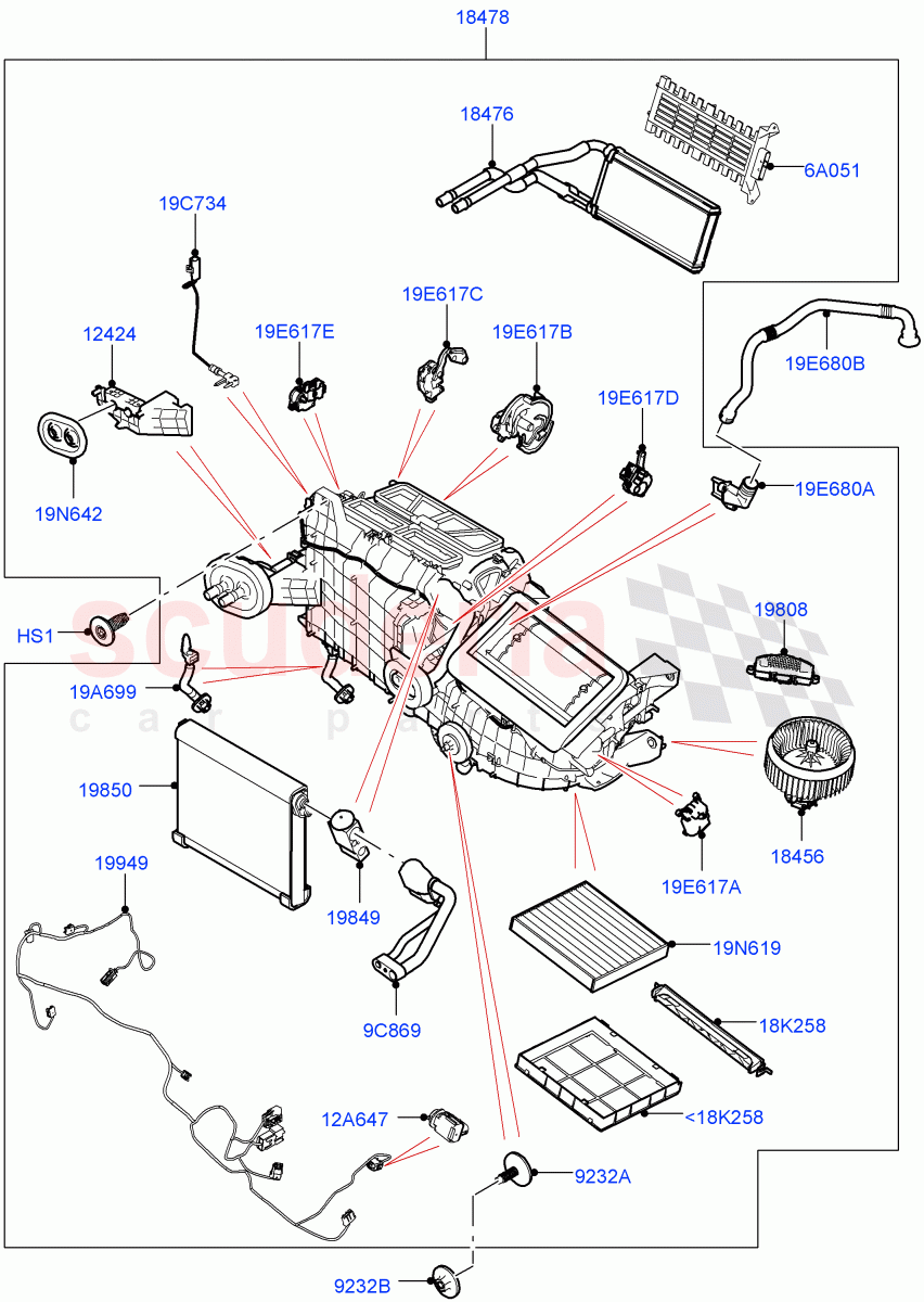Heater/Air Cond.Internal Components (Heater Main Unit) (With Front Comfort Air Con (IHKA)) ((V) TOLA999999) of Land Rover Land Rover Range Rover Velar (2017+) [3.0 I6 Turbo Petrol AJ20P6]