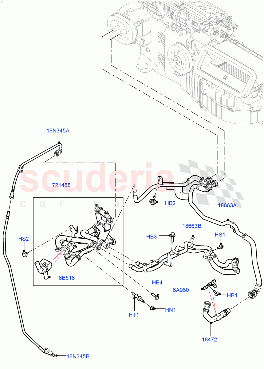 Heater Hoses (Solihull Plant Build) (2.0L I4 High DOHC AJ200 Petrol, Less Heater, With Air Conditioning - Front/Rear, With Front Comfort Air Con (IHKA), With Ptc Heater, With Manual Air Conditioning) ((V) FROMKA000001) of Land Rover Land Rover Discovery 5 (2017+) [2.0 Turbo Petrol AJ200P]