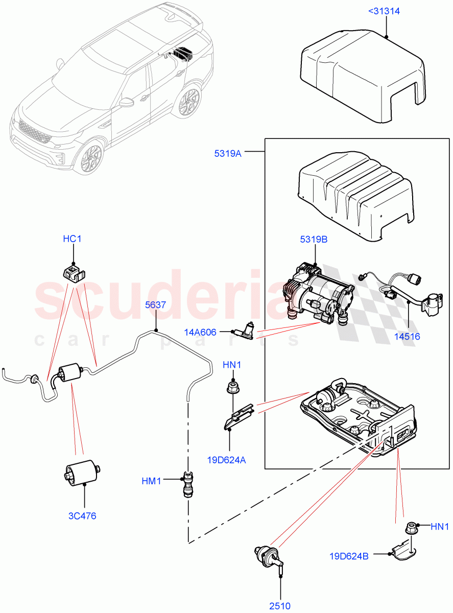 Air Suspension Compressor And Lines(Solihull Plant Build, Compressor Assy)(With Four Corner Air Suspension)((V)FROMHA000001) of Land Rover Land Rover Discovery 5 (2017+) [2.0 Turbo Diesel]