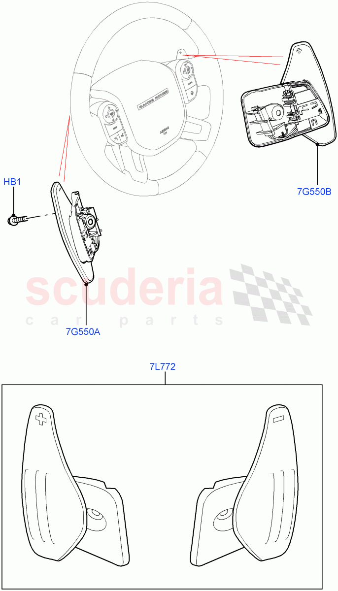 Gear Change-Automatic Transmission(Solihull Plant Build, Steering Wheel)(8 Speed Auto Trans ZF 8HP70 4WD,Paddle Shift,8 Speed Auto Trans ZF 8HP70 HEV 4WD,Paddle Shift - Noble,Paddle shift - Aluminium)((V)FROMAA000001) of Land Rover Land Rover Discovery 5 (2017+) [3.0 I6 Turbo Petrol AJ20P6]