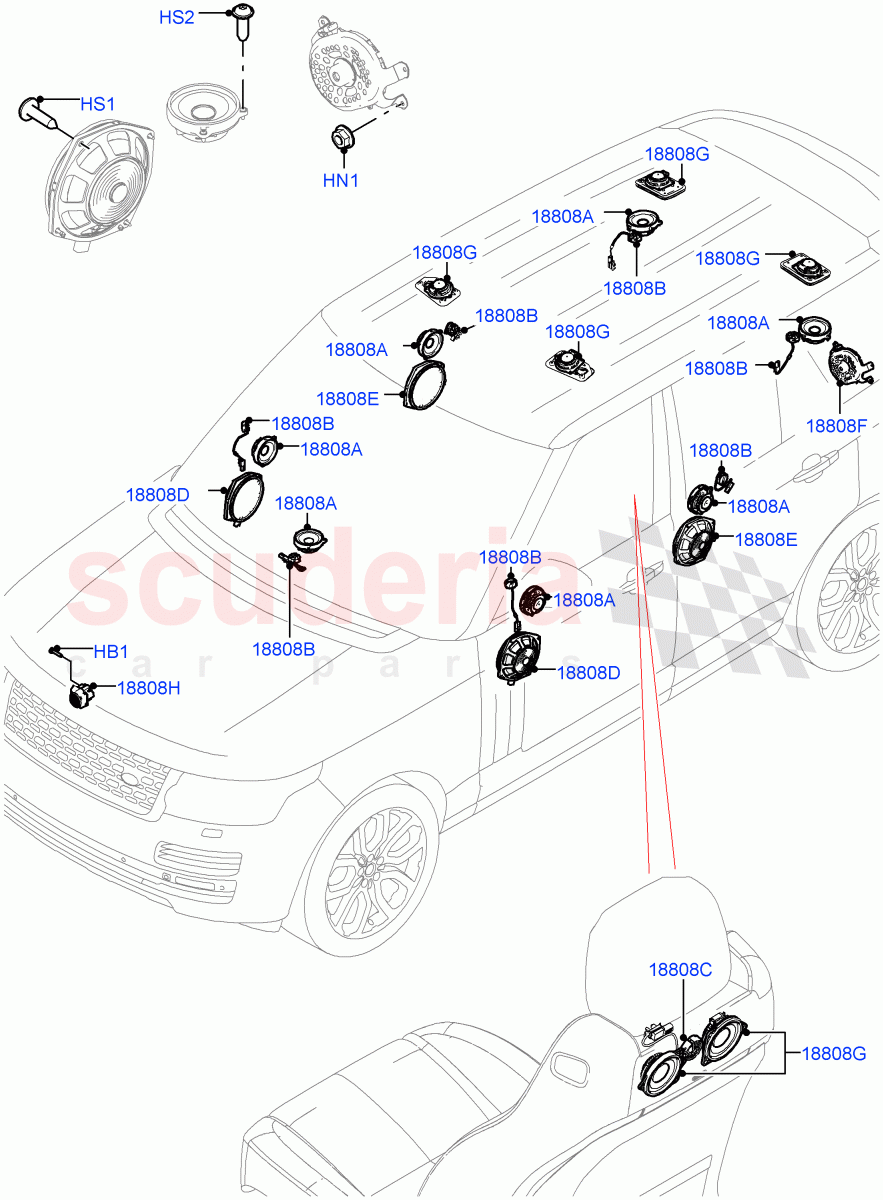 Speakers (Standard Wheelbase, Super Premium Audio 2500 W) ((V) FROMJA000001) of Land Rover Land Rover Range Rover (2012-2021) [2.0 Turbo Petrol AJ200P]