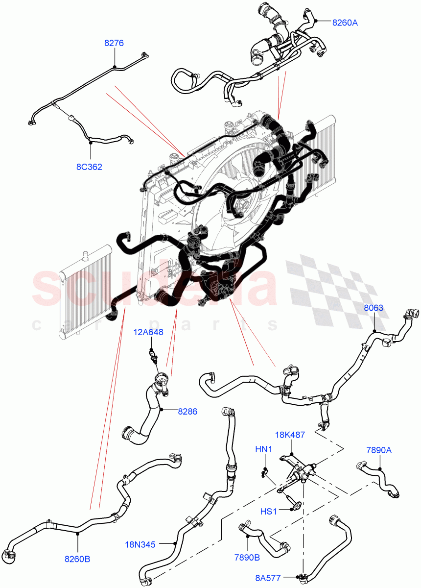 Cooling System Pipes And Hoses (Solihull Plant Build) (3.0L DOHC GDI SC V6 PETROL, Active Tranmission Warming) ((V) FROMKA000001) of Land Rover Land Rover Discovery 5 (2017+) [3.0 DOHC GDI SC V6 Petrol]
