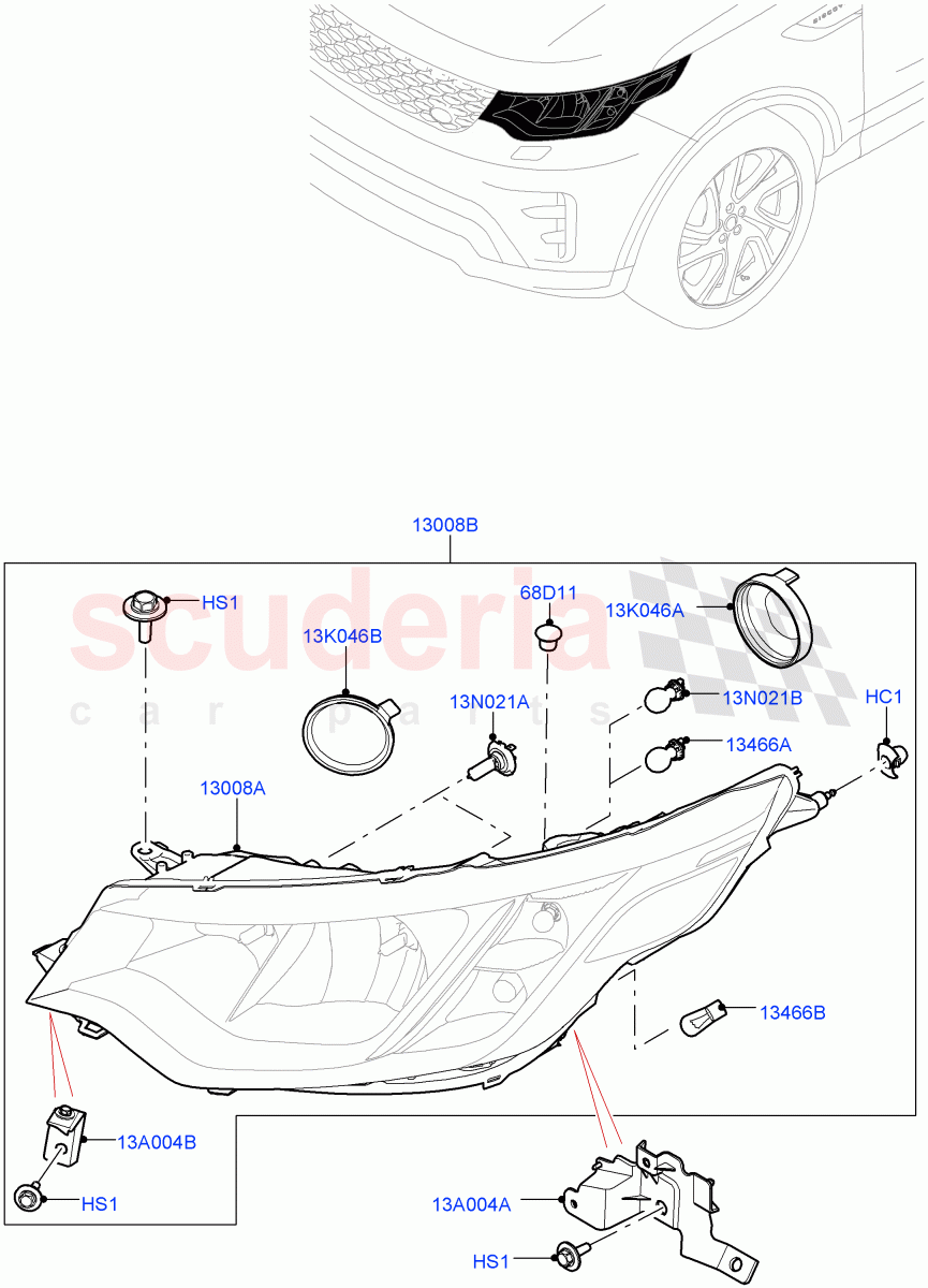 Headlamps And Front Flasher Lamps (Solihull Plant Build) (With Halogen Headlamp) ((V) FROMHA000001) of Land Rover Land Rover Discovery 5 (2017+) [3.0 I6 Turbo Diesel AJ20D6]