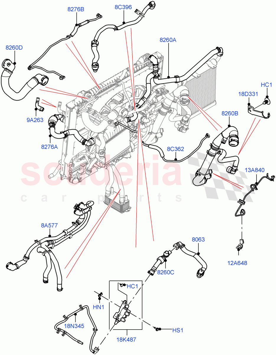 Cooling System Pipes And Hoses (2.0L I4 High DOHC AJ200 Petrol, With Standard Engine Cooling System, 2.0L I4 Mid DOHC AJ200 Petrol) of Land Rover Land Rover Range Rover Velar (2017+) [2.0 Turbo Petrol AJ200P]