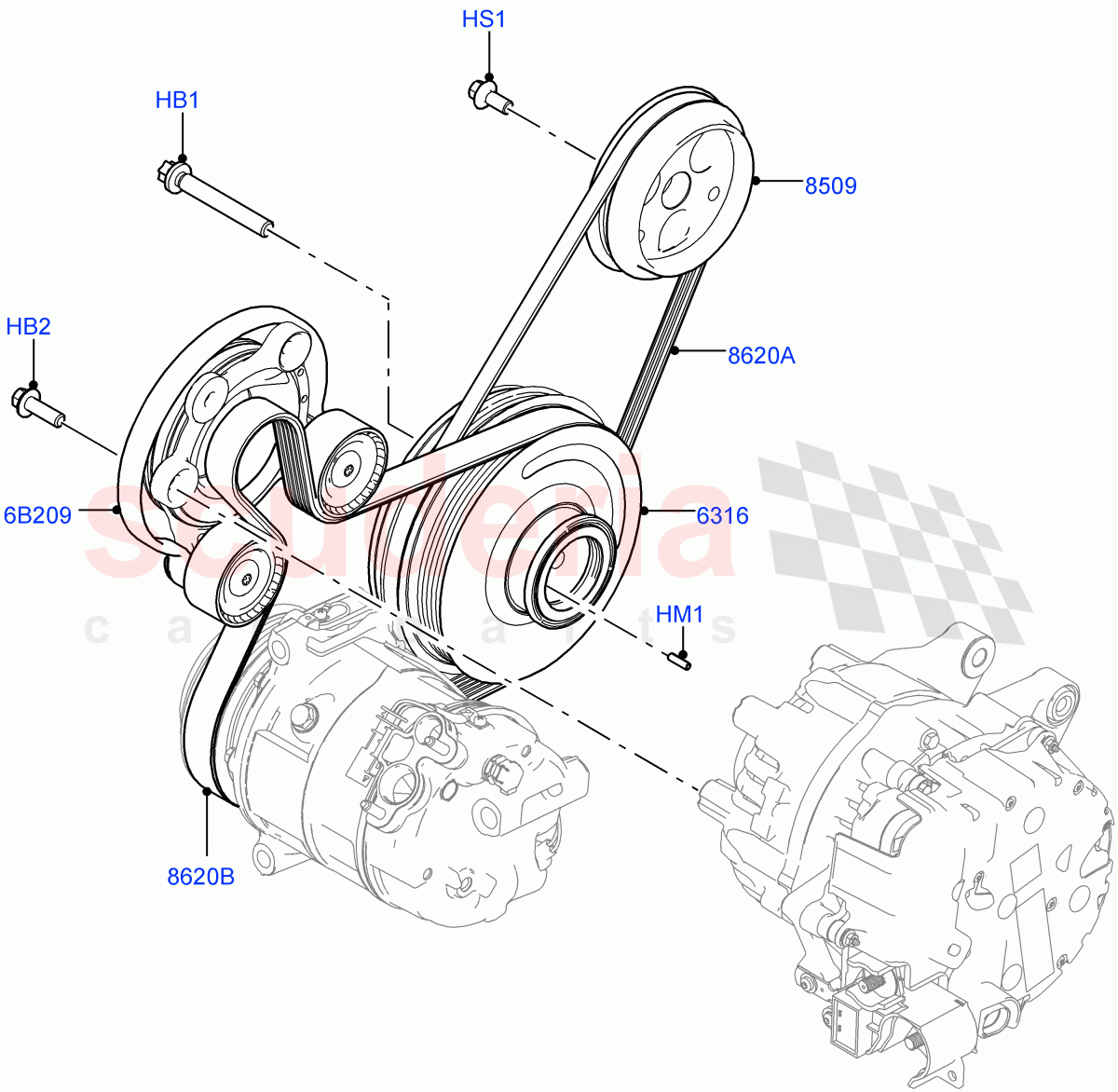 Pulleys And Drive Belts (2.0L AJ20P4 Petrol Mid PTA, Itatiaia (Brazil), Electric Engine Battery-MHEV, 2.0L AJ20P4 Petrol High PTA, 2.0L AJ20P4 Petrol E100 PTA) of Land Rover Land Rover Range Rover Evoque (2019+) [2.0 Turbo Petrol AJ200P]