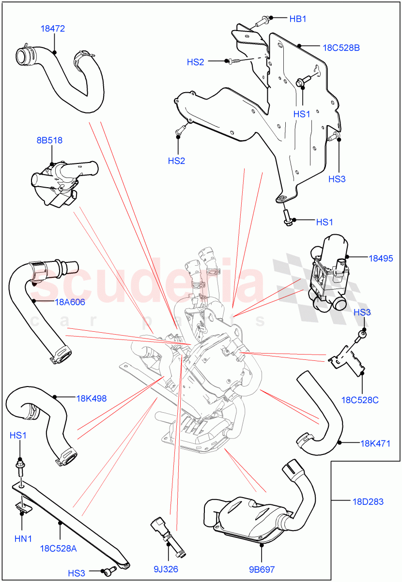 Auxiliary Fuel Fired Pre-Heater (External Components) (2.0L I4 DSL HIGH DOHC AJ200, Fuel Heater W/Pk Heat With Remote, 2.0L I4 DSL MID DOHC AJ200, 2.0L AJ21D4 Diesel Mid) of Land Rover Land Rover Range Rover Velar (2017+) [3.0 I6 Turbo Diesel AJ20D6]