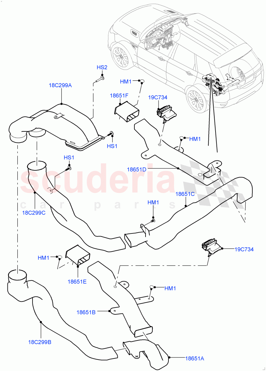 Air Vents, Louvres And Ducts(Internal Components, Under Rear Seat)(With 7 Seat Configuration,Premium Air Conditioning-Front/Rear)((V)FROMKA000001) of Land Rover Land Rover Range Rover Sport (2014+) [3.0 Diesel 24V DOHC TC]