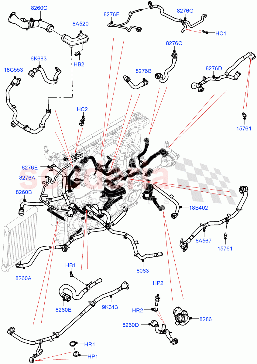 Cooling System Pipes And Hoses(4.4 V8 Turbo Petrol (NC10),With Standard Engine Cooling System) of Land Rover Land Rover Range Rover (2022+) [4.4 V8 Turbo Petrol NC10]