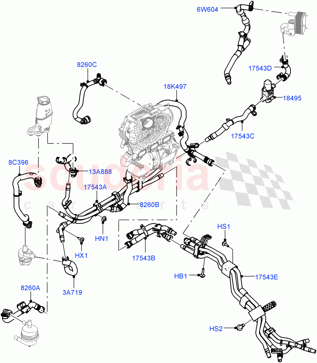 Cooling System Pipes And Hoses (Front Section, Electric Unit) (1.5L AJ20P3 Petrol High PHEV, Halewood (UK)) ((V) FROMLH000001) of Land Rover Land Rover Discovery Sport (2015+) [1.5 I3 Turbo Petrol AJ20P3]