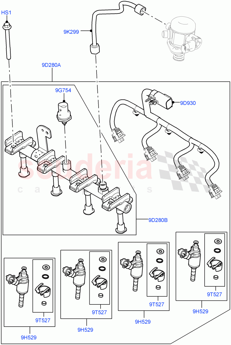 Fuel Injectors And Pipes (2.0L AJ20P4 Petrol E100 PTA, Itatiaia (Brazil), 2.0L AJ20P4 Petrol High PTA, 2.0L AJ20P4 Petrol Mid PTA) of Land Rover Land Rover Range Rover Evoque (2019+) [2.0 Turbo Petrol AJ200P]