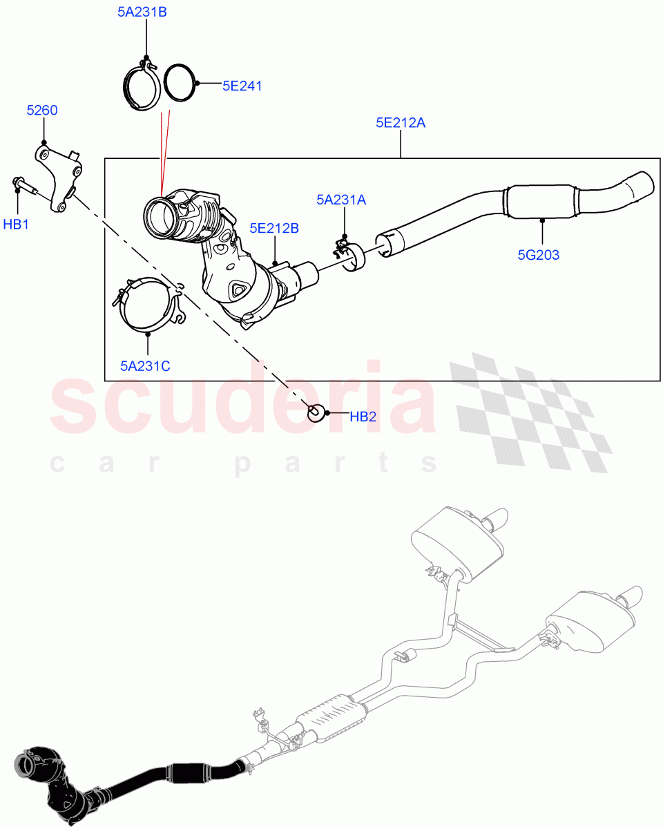 Front Exhaust System (Solihull Plant Build) (2.0L I4 High DOHC AJ200 Petrol, EU6 Emissions, 2.0L AJ200P Hi PHEV, EU2, Proconve L6 Emissions, Stage V European Emissions) ((V) FROMJA000001) of Land Rover Land Rover Discovery 5 (2017+) [2.0 Turbo Petrol AJ200P]