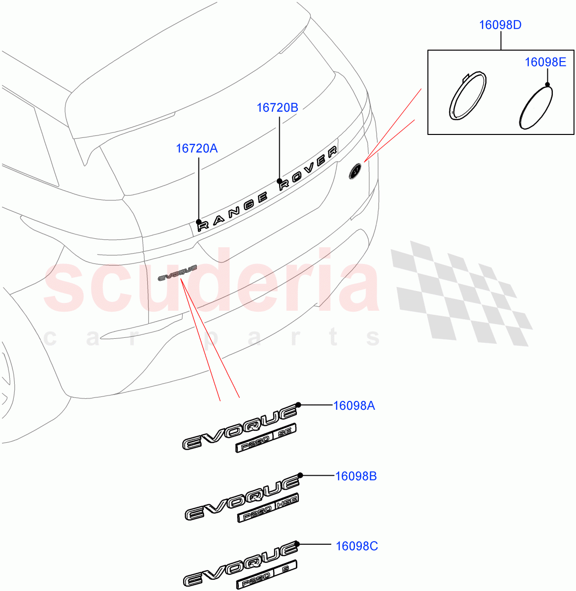 Name Plates(Rear)(Changsu (China),Trunk Badge-HSE,Trunk Badge - S,Trunk Badge-SE) of Land Rover Land Rover Range Rover Evoque (2019+) [1.5 I3 Turbo Petrol AJ20P3]