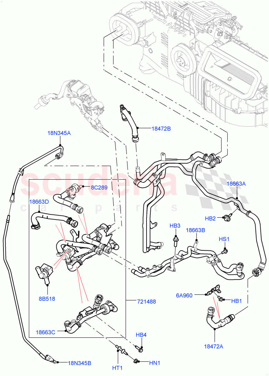 Heater Hoses(Solihull Plant Build)(2.0L I4 High DOHC AJ200 Petrol,With Fuel Fired Heater,With Air Conditioning - Front/Rear)((V)FROMJA000001,(V)TOJA999999) of Land Rover Land Rover Discovery 5 (2017+) [2.0 Turbo Petrol AJ200P]