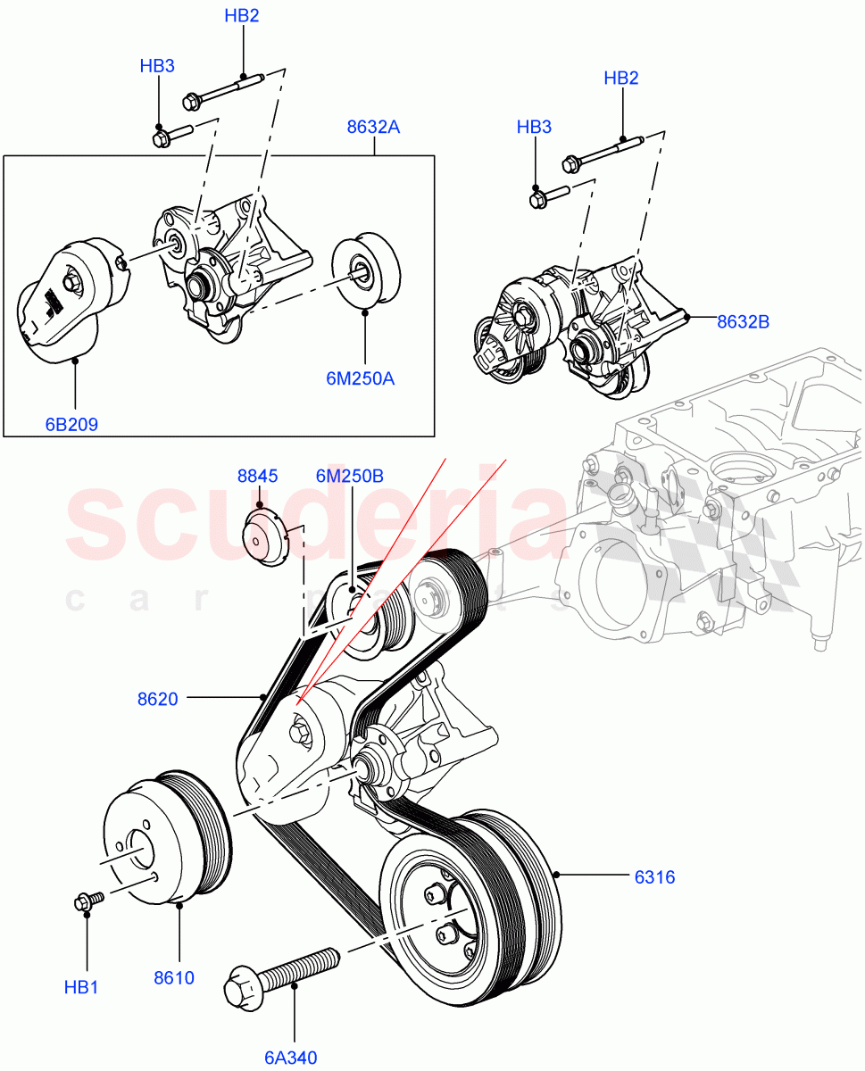 Pulleys And Drive Belts (Solihull Plant Build, Secondary Drive) (3.0L DOHC GDI SC V6 PETROL) ((V) FROMEA000001) of Land Rover Land Rover Discovery 5 (2017+) [3.0 DOHC GDI SC V6 Petrol]