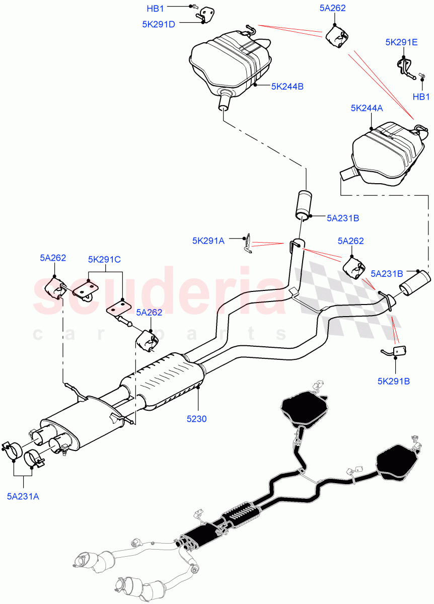 Rear Exhaust System(Solihull Plant Build)(3.0L DOHC GDI SC V6 PETROL)((V)FROMHA000001) of Land Rover Land Rover Discovery 5 (2017+) [3.0 DOHC GDI SC V6 Petrol]