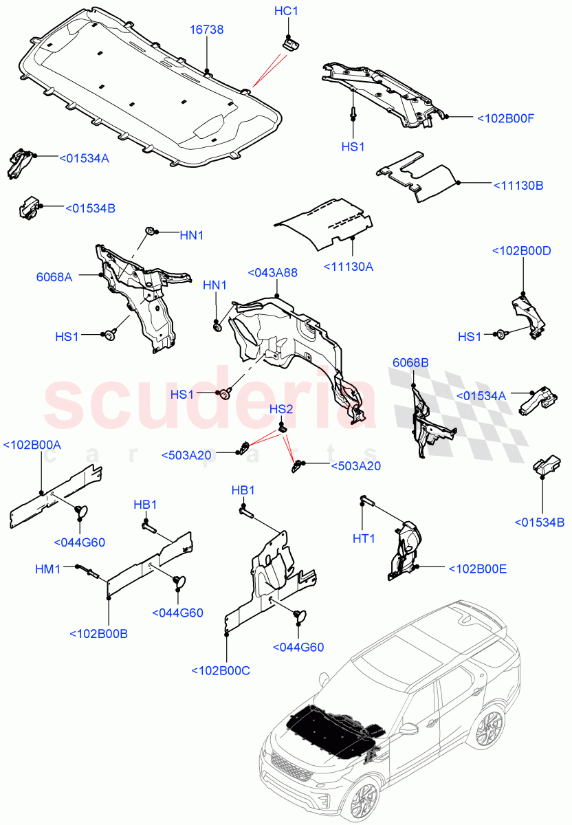 Insulators - Front (Engine Compartment, Solihull Plant Build) ((V) FROMHA000001) of Land Rover Land Rover Discovery 5 (2017+) [2.0 Turbo Petrol AJ200P]