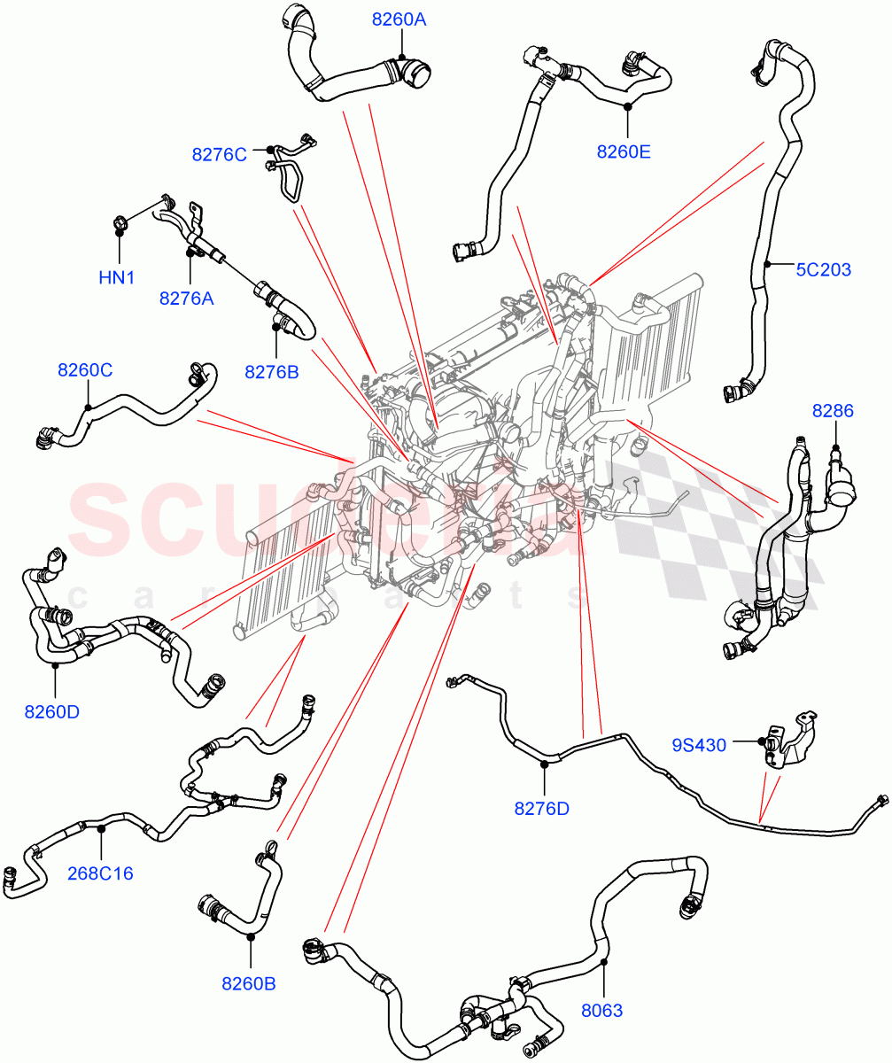 Cooling System Pipes And Hoses (Nitra Plant Build) (2.0L AJ200P Hi PHEV, With Extra Engine Cooling System) ((V) FROMM2000001) of Land Rover Land Rover Defender (2020+) [2.0 Turbo Petrol AJ200P]