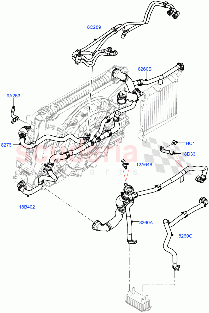 Cooling System Pipes And Hoses (5.0L P AJ133 DOHC CDA S/C Enhanced, With Standard Engine Cooling System) ((V) FROMKA000001) of Land Rover Land Rover Range Rover Velar (2017+) [5.0 OHC SGDI SC V8 Petrol]
