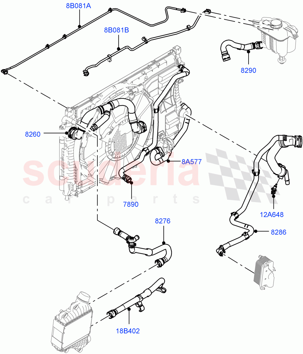 Cooling System Pipes And Hoses (2.0L AJ20P4 Petrol Mid PTA, Changsu (China), High Engine Cooling, Less Active Tranmission Warming, Low Engine Cooling, Medium Engine Cooling) of Land Rover Land Rover Range Rover Evoque (2019+) [2.0 Turbo Petrol AJ200P]