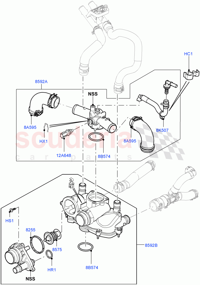 Thermostat/Housing & Related Parts (4.4L DOHC DITC V8 Diesel) of Land Rover Land Rover Range Rover (2012-2021) [4.4 DOHC Diesel V8 DITC]