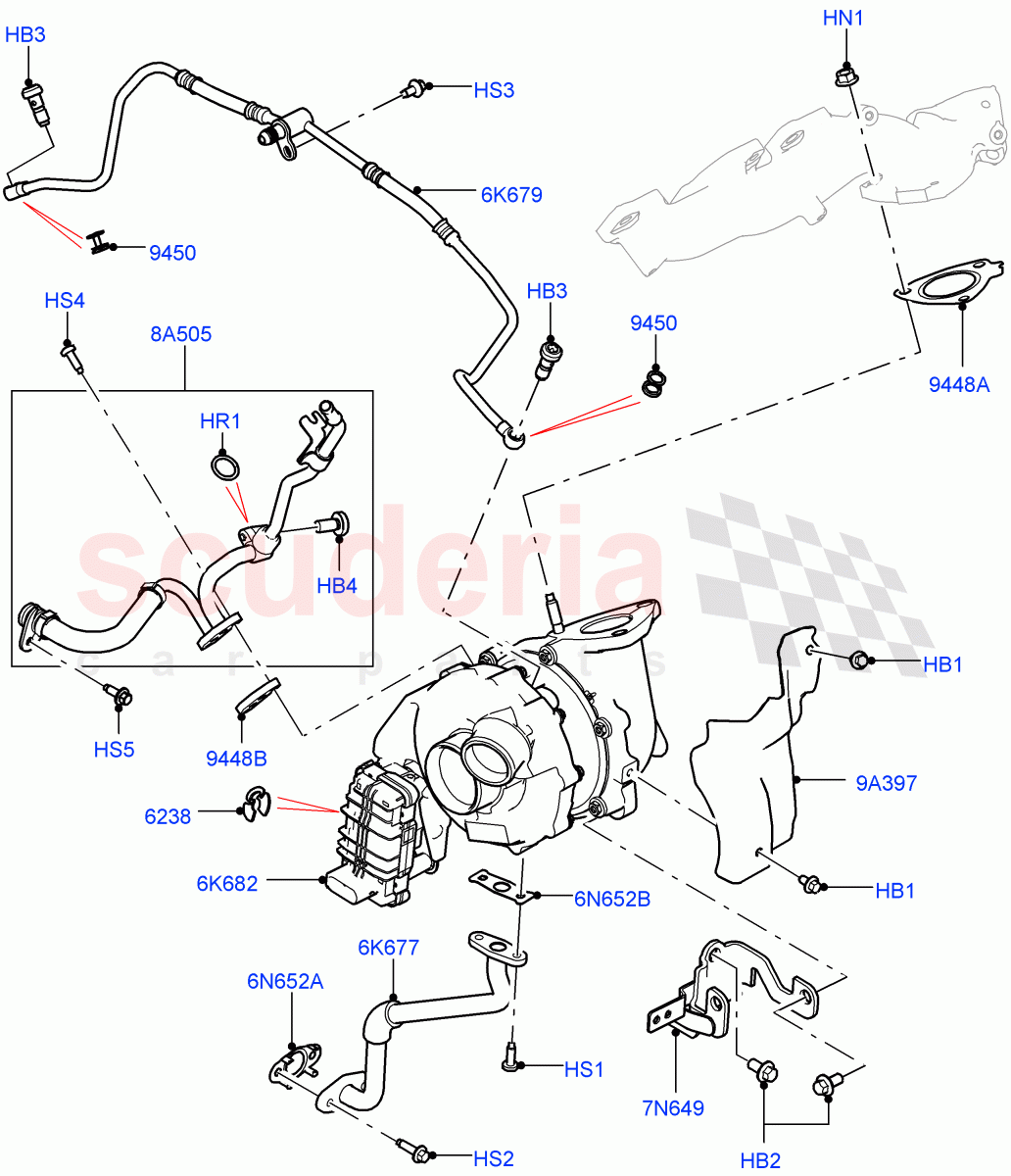 Turbocharger (LH Side - Primary, Solihull Plant Build) (3.0 V6 D Gen2 Twin Turbo) ((V) FROMFA000001) of Land Rover Land Rover Range Rover Sport (2014+) [3.0 Diesel 24V DOHC TC]