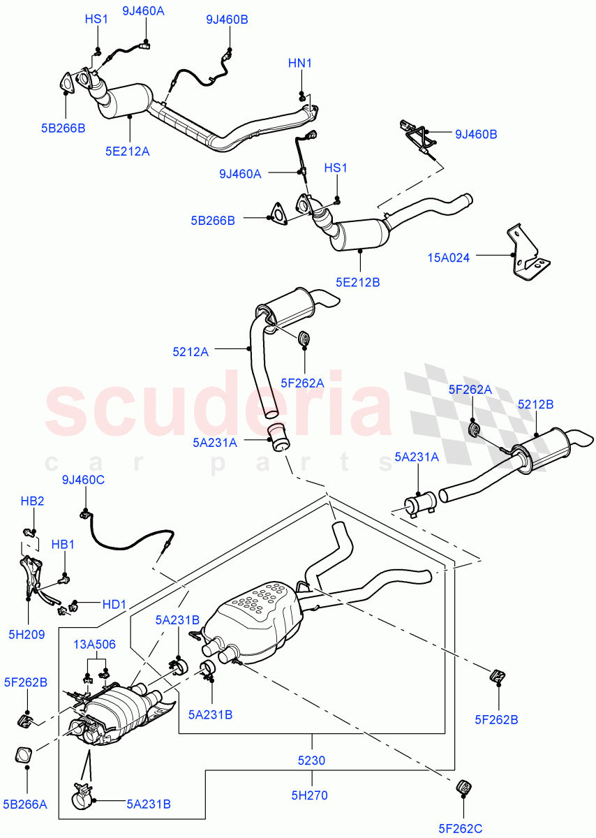 Exhaust System(3.6L V8 32V DOHC EFi Diesel Lion,Stage IV + DPF Emissions,With Diesel Particulate Filter)((V)FROM8A000001,(V)TO9A999999) of Land Rover Land Rover Range Rover Sport (2005-2009) [3.6 V8 32V DOHC EFI Diesel]