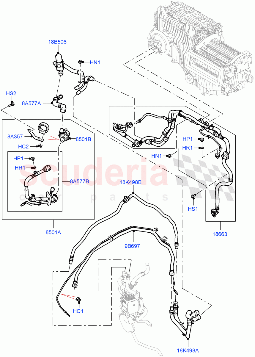 Heater Hoses (3.0L AJ20P6 Petrol High, Fuel Fired Heater With Park Heat, With Air Conditioning - Front/Rear, Fuel Heater W/Pk Heat With Remote) of Land Rover Land Rover Range Rover (2022+) [3.0 I6 Turbo Petrol AJ20P6]