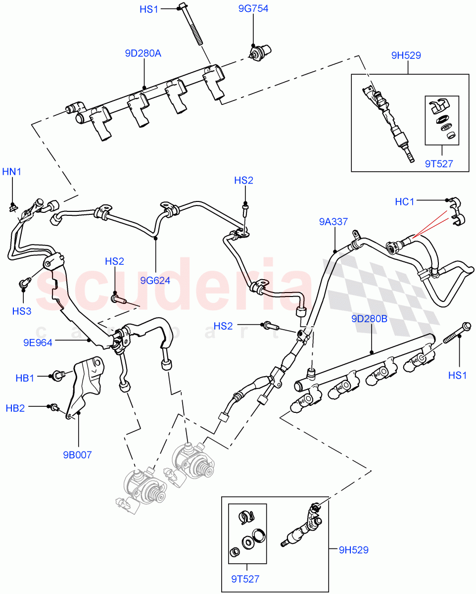 Fuel Injectors And Pipes (5.0L P AJ133 DOHC CDA S/C Enhanced) ((V) FROMKA000001) of Land Rover Land Rover Range Rover Velar (2017+) [5.0 OHC SGDI SC V8 Petrol]