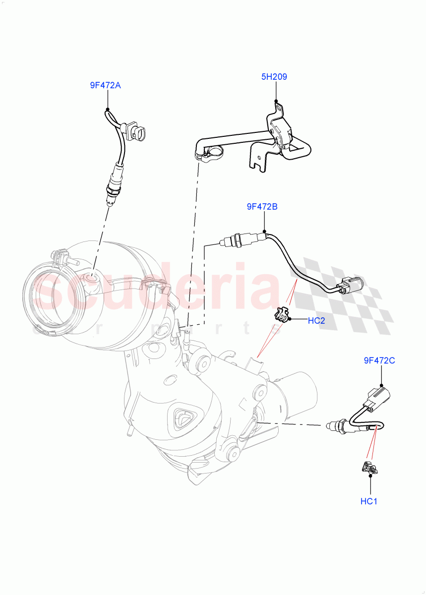 Exhaust Sensors And Modules (Nitra Plant Build) (2.0L I4 High DOHC AJ200 Petrol, Beijing 6 Petrol Emission, EU6C Emission, 2.0L AJ200P Hi PHEV, EU6D - Final (Petrol) Emission, China N6B (Petrol) - Compliance) ((V) FROMK2000001) of Land Rover Land Rover Discovery 5 (2017+) [2.0 Turbo Petrol AJ200P]