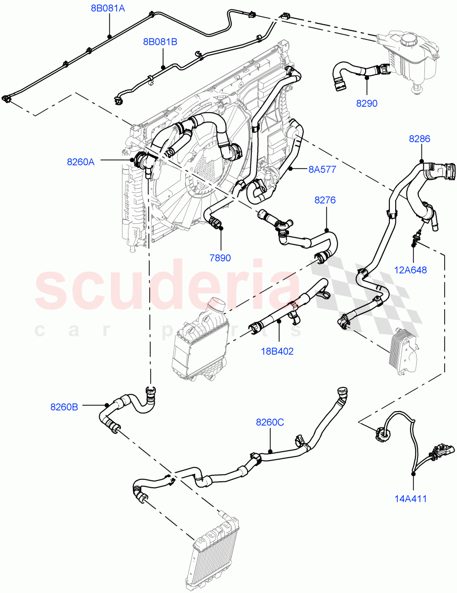 Cooling System Pipes And Hoses (2.0L AJ20P4 Petrol High PTA, Halewood (UK), Low Engine Cooling, Less Active Tranmission Warming, Medium Engine Cooling, High Engine Cooling) of Land Rover Land Rover Discovery Sport (2015+) [2.0 Turbo Petrol AJ200P]