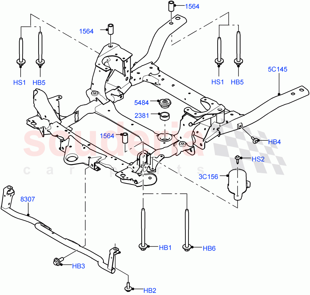 Front Cross Member & Stabilizer Bar(Crossmember, Solihull Plant Build)((V)FROMHA000001) of Land Rover Land Rover Discovery 5 (2017+) [3.0 I6 Turbo Diesel AJ20D6]