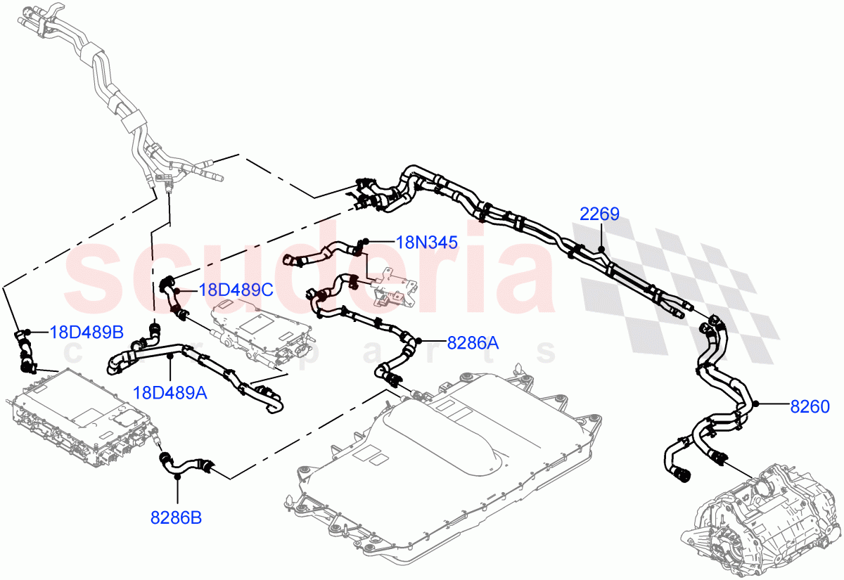 Cooling System Pipes And Hoses(Electric Unit, Rear Section)(1.5L AJ20P3 Petrol High PHEV,Halewood (UK))((V)FROMLH000001,(V)TOLH999999) of Land Rover Land Rover Range Rover Evoque (2019+) [1.5 I3 Turbo Petrol AJ20P3]