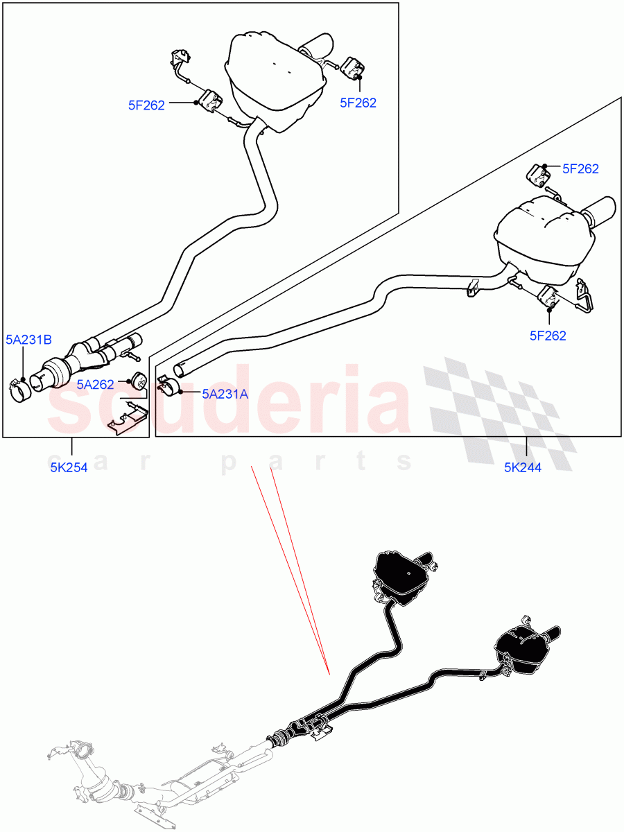 Rear Exhaust System (2.0L I4 DSL MID DOHC AJ200, Itatiaia (Brazil), With 7 Seat Configuration, Spare Wheel - Reduced Section Steel, Dual Exhaust - Dynamic) ((V) FROMGT000001) of Land Rover Land Rover Discovery Sport (2015+) [2.0 Turbo Diesel]
