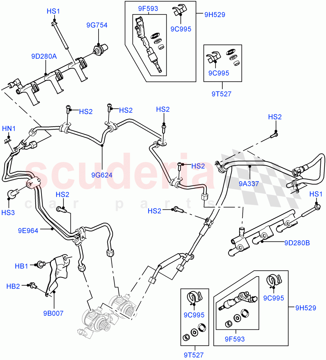 Fuel Injectors And Pipes(Solihull Plant Build)(3.0L DOHC GDI SC V6 PETROL)((V)FROMEA000001) of Land Rover Land Rover Range Rover Sport (2014+) [3.0 DOHC GDI SC V6 Petrol]