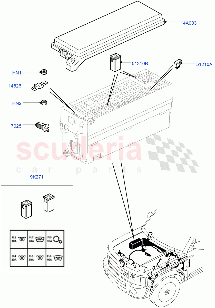 Fuses, Holders And Circuit Breakers (Engine Compartment) ((V) FROMAA000001) of Land Rover Land Rover Discovery 4 (2010-2016) [3.0 DOHC GDI SC V6 Petrol]