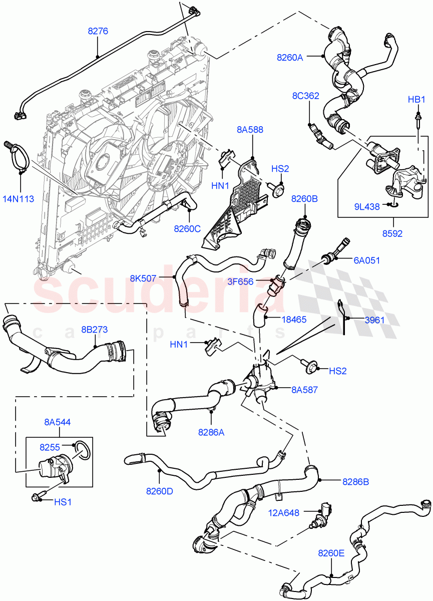 Cooling System Pipes And Hoses (Engine) (3.0 V6 D Gen2 Twin Turbo, 8 Speed Auto Trans ZF 8HP70 4WD, (+) "CDN/MEX/USA", Crankcase Pressure Sensor, 3.0 V6 D Gen2 Mono Turbo) ((V) FROMGA000001, (V) TOJA999999) of Land Rover Land Rover Discovery 5 (2017+) [3.0 Diesel 24V DOHC TC]