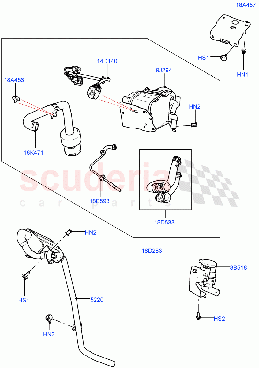 Auxiliary Fuel Fired Pre-Heater (Heater Components, External Components) (Halewood (UK), With Fuel Fired Heater, Fuel Fired Heater With Park Heat, Fuel Heater W/Pk Heat With Remote) ((V) FROMLH000001) of Land Rover Land Rover Discovery Sport (2015+) [1.5 I3 Turbo Petrol AJ20P3]