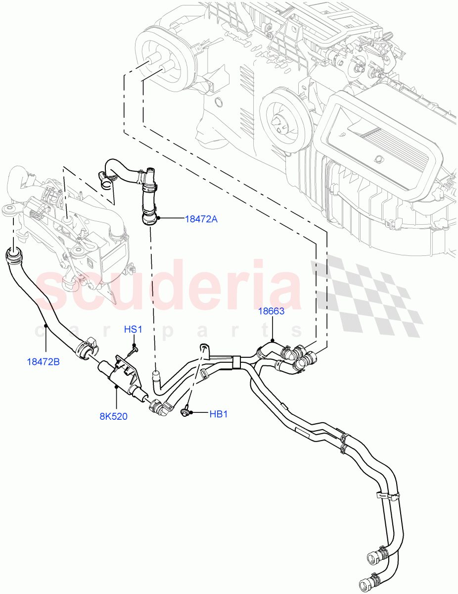 Heater Hoses (Solihull Plant Build) (2.0L I4 DSL HIGH DOHC AJ200, With Fuel Fired Heater, With Front Comfort Air Con (IHKA), Less Park Heating, 2.0L I4 DSL MID DOHC AJ200, With Manual Air Conditioning) ((V) FROMHA000001, (V) TOHA999999) of Land Rover Land Rover Discovery 5 (2017+) [3.0 I6 Turbo Petrol AJ20P6]
