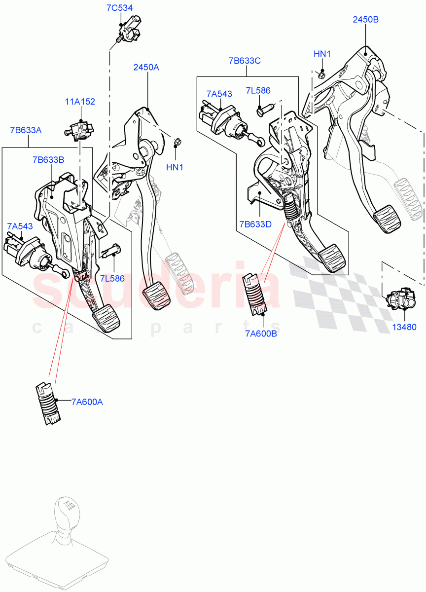 Brake And Clutch Controls(6 Speed Manual Trans M66 - AWD,Halewood (UK),Unique Met Finish Foot Pedals Pads,6 Speed Manual Trans-JLR M66 2WD,6 Speed Manual Trans BG6)((V)FROMGH000001) of Land Rover Land Rover Discovery Sport (2015+) [2.0 Turbo Petrol AJ200P]