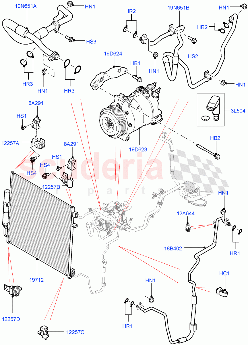 Air Conditioning Condensr/Compressr(Front, Solihull Plant Build)(3.0 V6 D Low MT ROW,3.0 V6 D Gen2 Twin Turbo,3.0 V6 D Gen2 Mono Turbo)((V)FROMHA000001) of Land Rover Land Rover Discovery 5 (2017+) [3.0 I6 Turbo Diesel AJ20D6]