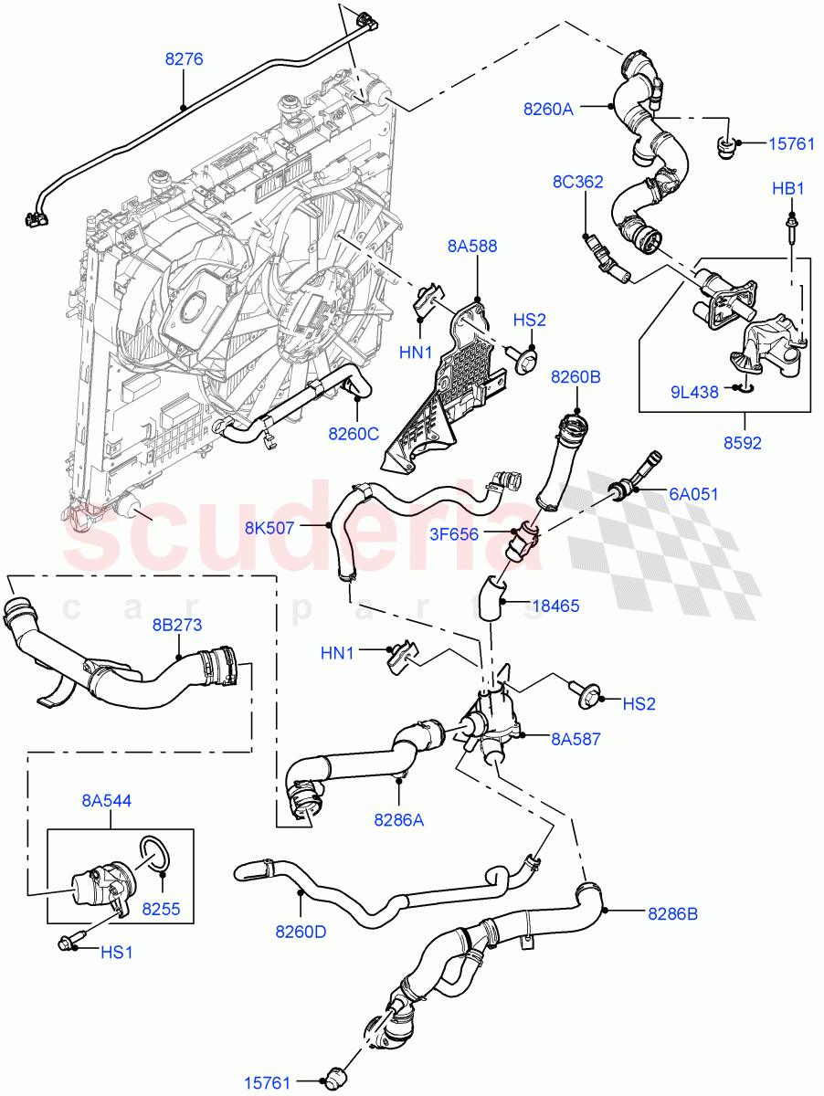 Cooling System Pipes And Hoses (Solihull Plant Build, Engine) (3.0 V6 D Gen2 Twin Turbo, Less Engine Cooling System, Immersion Heater - 700W / 110V) ((V) FROMKA000001) of Land Rover Land Rover Range Rover Sport (2014+) [3.0 Diesel 24V DOHC TC]